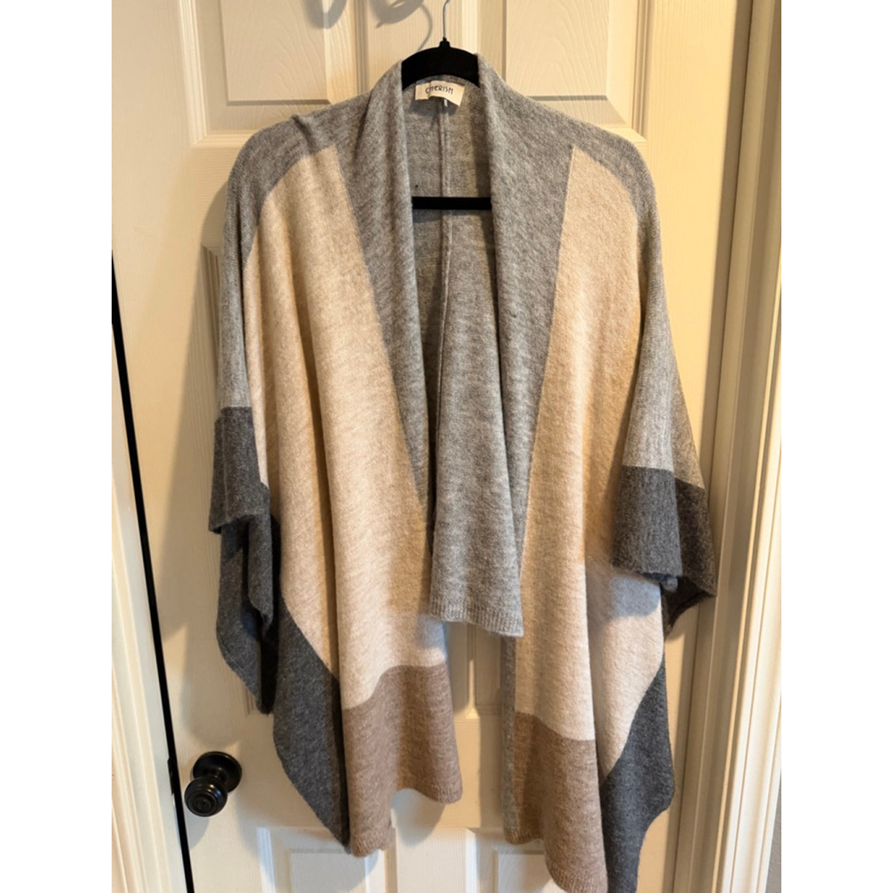 Women's Cherish Gray Beige Striped Poncho Shrug Standard one size - Picture 1 of 2